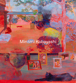 Cover of a monograph titled 'Minami Kobayashi' featuring one of her paintings. The artwork is a brightly coloured and shows a view with a landscape in the background and photographs, vase and a cat in the foreground. The name Minami Kobayashi is written over the image in white font. Anomie Publishing
