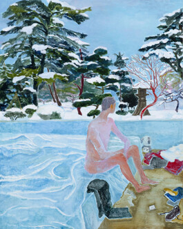 A painting by Minami Kobayashi that shows a figure sitting on the side of a large block of ice or a pool. Snow-covered trees can be seen behind him against a bright blue sky. Clothes are shown at the figure's feet. Anomie Publishing