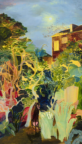 Painting by Minami Kobayashi depicting a lush, overgrown garden scene under a bright, glowing moon. In the foreground, a dark-coloured dog stands among the thick vegetation, partially obscured by large, pale leaves. The background includes a tall building with illuminated windows on the right side, with dense foliage surrounding it. The sky is a deep blue with the moon shining brightly. The artwork uses vibrant, contrasting colours and intricate details to create a dreamy, atmospheric landscape. Anomie Publishing
