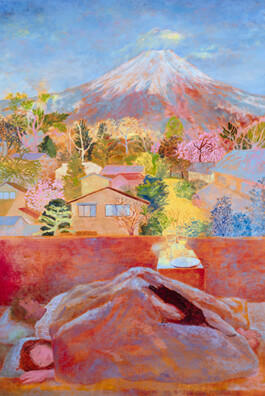 A painting by Minami Kobayashi titled Good Morning near Mt Fuji. In the background, Mount Fuji is visible, depicted in a range of pastel colours. A bright blue sky is visible behind it. Trees and houses can be seen in the middle ground, and in the foreground are two people lying in bed, with a table next to them with two glasses and a plate on it. Anomie Publishing