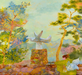Painting by Minami Kobayashi featuring a serene outdoor scene with two stylised trees, one on each side. In the centre, a white abstract sculpture is perched on a stone pedestal. The background shows a hazy, mountainous landscape with soft, pastel colours. A figure in the bottom right corner is visible, draped in green fabric, facing the sculpture. The painting uses a warm, colour palette with intricate details in the foliage and creates an ethereal atmosphere. Anomie Publishing