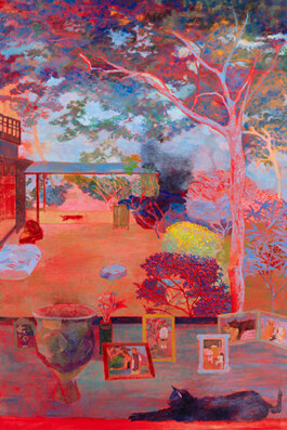 A painting by Minami Kobayashi that shows a view as though looking through a window. In the background are trees and a courtyard. The colours are dream-like, with hints of bright red. Visible in the foreground are framed photographs and a vase, as though on a window sill. A small black cat stretches on in the very bottom of the canvas. Anomie Publishing