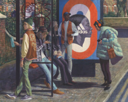A painting by Benjamin Senior titled 'Shelter'. It shows a group of people waiting at a bus stop, each seemingly caught in their own world. An Adidas poster is plastered on the bus shelter, and the glass is graffitied. Anomie Publishing