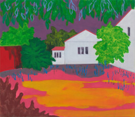 An image of the painting 'Grandpa's House' by Cara Nahaul. It shows a vibrant scene of a backyard with exaggerated colours. A white house with red roofs stands among green trees. The ground is painted in bold pinks, oranges and yellows, giving it a surreal feel. Overhanging green branches are contrasted with a purple sky. Anomie Publishing