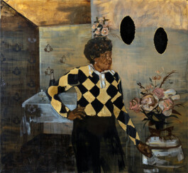 Image of the painting 'She’s Back a Yard' by Emma Prempeh, which is a portrait of a woman standing in a domestic setting with her hand on her hip. She wears a black and yellow harlequin-patterned sweater, and her expression is thoughtful. The room is painted in muted tones with floral wallpaper and dark oval frames on the wall. Anomie Publishing