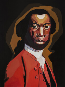 This painting 'Ode to Olaudah Equiano' by J. Labinjo shows a stylised portrait of a Black man with a direct stare, dressed in 18th-century attire. The man wears a red coat with a white shirt, his face portrayed with bold, angular shadows. He is shown against a dark background. Anomie Publishing