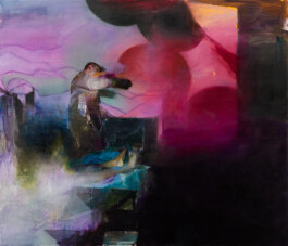 An image of a painting by Justin Mortimer, titled 'Kammer 4'. It is an abstract, dreamlike scene with a dark figure standing near a bed, surrounded by swirling shades of purple, pink, and black. The figure's posture is ambiguous, and the blurred, layered textures create a mysterious and haunting atmosphere. Anomie Publishing