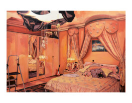 A painting by Anna Freeman Bentley that shows a richly detailed orange-toned bedroom featuring a large bed adorned with pillows and stuffed toys, elaborate draped curtains, mirrored wardrobes and a step ladder in the corner. The room exudes warmth and a mixture of childhood and adult elements. Anomie Publishing