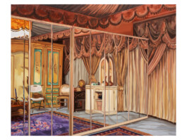 A painting by Anna Freeman Bentley that shows a highly reflective room filled with mirrored panels, luxurious curtains and vintage furniture. The warm tones of the space give it an ornate, almost theatrical atmosphere. Anomie Publishing