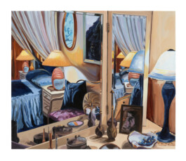 A painting by Anna Freeman Bentley of a bedroom reflected in a dresser mirror, with a four-poster bed and personal items like a photo frame and perfume bottles on the dressing table, rendered in an expressive style Anomie Publishing