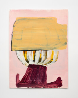 A painting by Henry Ward featuring an abstract composition with a pink background. The central form consists of a large ochre-yellow rectangular shape with rough edges, layered over a striped, dome-like structure with white, yellow, and black vertical bands. Below this, there is a gestural, dark red base with expressive brushstrokes, appearing like a support or pedestal. The painting has a textured, painterly surface with visible brush marks. Anomie Publishing