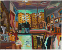 A painting by Anna Freeman Bentley that is landscape in orientation and shows the interior of a shop. It is executed in a gestural manner, and appears to show an antique shop, with objects and racks of clothing. Anomie Publishing