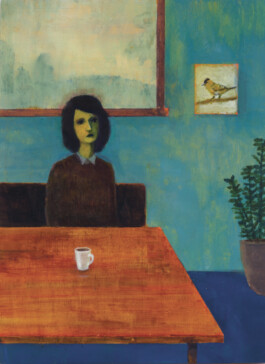 A painting by Ben Sadler that is portrait in orientation. It shows a figure sitting at a table with a coffee cup in front of them. On the wall is a mirror and a small painting of a bird; a plant pot sits in the corner. It is rendered in thin layers of acrylic paint, giving a washed-out, dreamy effect. Anomie Publishing