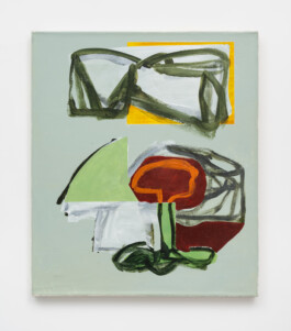 A painting by Henry Ward featuring an abstract composition on a muted green background. The upper section contains a loosely sketched bow-like shape in dark green and white, partially set against a yellow rectangle. Below, fragmented organic and geometric forms in red, green, white, and black create a layered structure. A circular red shape with an orange outline appears connected to a green stem-like form, while other areas suggest architectural or still-life elements. The brushwork is gestural, with visible layering and expressive marks. Anomie Publishing