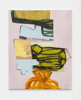 A painting by Henry Ward featuring an abstract composition on a pale pink-lilac background. A series of rectangular-like forms are stacked on top of one another. Two are painted in light blue, while another is a lime green with dark lines running across it. At the bottom is an orange structure that seems to act like a stand or pedestal. Anomie Publishing