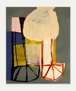 A painting by Henry Ward showing an abstract composition on a grey background. A large, pale yellow round form is layered over two, L-shaped upright ones, which have lines painted over them as though indicating scaffolding or an internal skeleton. A opaque navy rectangle is painted on the left hand side of the canvas, butting up against the upright shapes, which are painted in a more gestural, painterly way. Anomie Publishing