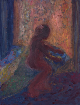 An oil painting by Jai Chuhan that shows an abstracted female figure in a room-like setting. The figure appears to be sitting on a bed with her legs bent. The painting is executed in thick paint. Anomie Publishing