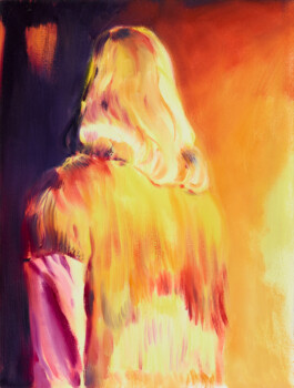 A painting by Lindsey Bull that shows the back of a woman's head and upper torso. It is executed in a hazy manner, in a colour palette of yellow, orange and pink. Her blonde hair falls down her back, combining with long fringing on her jacket. Anomie Publishing