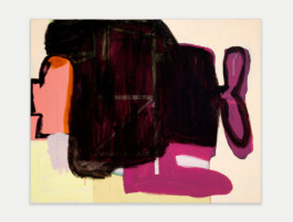 A landscape-orientated painting by Henry Ward that shows an abstract composition on a pale yellow and cream background. The central form is a dark-red, brown and pink irregular shape. On the right hand side, a propeller-like shape protrudes out. At the other end is an irregular shape painted in a peach pink, with orange brushstrokes. A fuchsia form pokes out from the bottom on the dark form, resembling a backwards human foot. Anomie Publishing