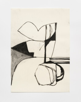 A charcoal and pen drawing on cream-coloured paper by Henry Ward. The linear composition is abstract, with intersecting geometric shapes, lines, and curves. Anomie Publishing