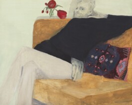 A painting by Aubrey Levinthal, showing a person lounging on an orange sofa, exuding a relaxed vibe. A colorful cushion accentuates the scene. Bright red flowers add a touch of vivid contrast. Anomie Publishing