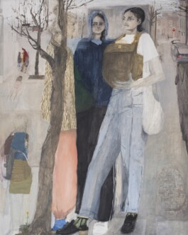 A painting by Aubrey Levinthal of two women standing by a tree on a city street. They wear a mix of casual and patterned clothing, with a calm, contemplative mood. Anomie Publishing
