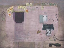A painting by Aubrey Levinthal of a pink table, featuring daffodils in a dark pot, a water bottle, glass, and white mug. Scattered objects include shoes, a necklace, and a slice of pie. Anomie Publishing