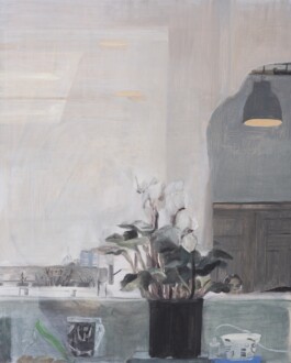 A painting by Aubrey Levinthal showing a potted plant with white flowers and dark leaves on a table. A soft light illuminates a cozy room with muted tones. Anomie Publishing