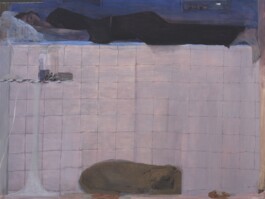 A serene scene, painted by Aubrey Levinthal, with a person in black clothes lying on a blue mattress atop a tiled floor. A dog sleeps below and a table with papers and a bottle sits nearby. Anomie Publishing