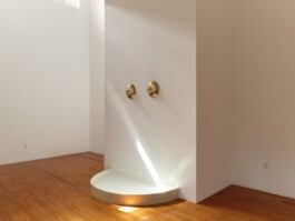 An exhibition view of a work by Adeline de Monseignat showing a white partition wall with two golden breast-like faucets releasing water into a small circular pool, set in a room with wooden floors and white walls. Anomie Publishing