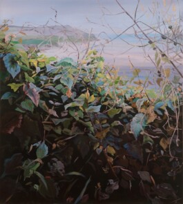 A painting by Hannah Brown of a lush hedge with vibrant green leaves and intertwined branches in the foreground, overlooking a distant serene landscape under a soft, pastel sky. Anomie Publishing