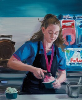 Painting by Caroline Walker of a person in a blue shirt and apron, focused on scooping pink and white ice cream into a bowl. The setting is a colourful ice cream shop. Anomie Publishing