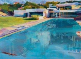 Painting by Duncan Wylie of a modernist villa with flat white walls and geometric structures, set against trees and a vivid blue sky. The scene is dominated by a swimming pool in the foreground, its turquoise surface reflecting fragments of the architecture and sky in loose, expressive brushstrokes Anomie Publishing