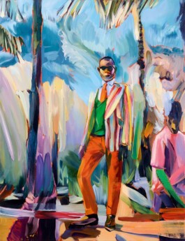 Painting by Duncan Wylie of a stylishly dressed figure wearing orange trousers, a striped blazer, and sunglasses, standing confidently under palm trees. The background is filled with gestural strokes of blue, green, and yellow, evoking a lush, tropical setting with a second figure partially visible to the right. Anomie Publishing