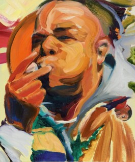 A painting by Duncan Wylie showing a figure with two fingers raised to his lips and cheeks puffed out, seemingly blowing a whistle, rendered in expressive brushstrokes Anomie Publishing