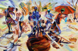 Painting by Duncan Wylie of a group of people gathered around a large well in a sandy, sunlit landscape. Figures wear hats and casual clothes, one person holds a bright red umbrella, and the scene is rendered in fluid, multicolored brushstrokes suggesting heat, movement, and collective activity. Anomie Publishing