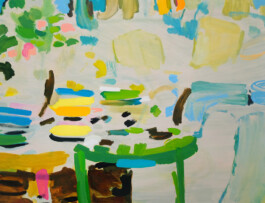 A gestural abstract painting by Tim Braden that suggests a table and chairs, painted in vivid yellows, greens, blues, and browns. Broad, sweeping strokes convey a sunlit, informal domestic space, balancing structure and spontaneity. Anomie Publishing
