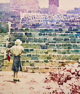 A painting by Tim Braden that shows a figure standing before a stone structure, possibly ruins, holding a red cloth. The composition is built from small, blocky strokes of purples, greens, and blues, evoking heat and distance through modulated light and colour. Anomie Publishing