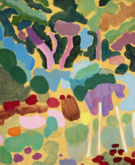 A painting by Tim Braden. A bright, abstracted landscape of trees and vegetation painted in patches of pink, blue, green and ochre on a golden ground. The simplified organic shapes and bold hues suggest rhythm and pattern in nature. Anomie Publishing