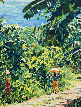 A painting by Tim Braden that shows a lush tropical scene with two figures walking along a path bordered by dense vegetation. The painting is composed of dappled, pointillist-like marks in greens, blues and yellows, creating a vibrant, sunlit atmosphere. Anomie Publishing