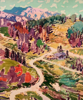 A painting by Tim Braden showing a mountainous landscape with a winding path leading to a small chalet. Painted in pastel pinks, purples, greens and turquoise, the scene is broken into rhythmic, patterned brushstrokes that merge figuration and abstraction. Anomie Publishing