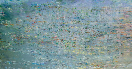 Wide abstract painting in blue-green tones densely patterned with small multicoloured fragments of orange, yellow, and green, resembling an aerial view of scattered light or terrain. Anomie Publishing