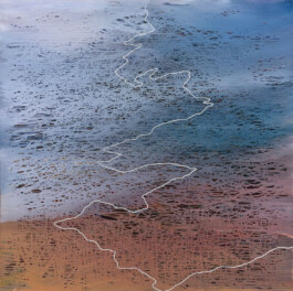 Abstract painting shifting from cool blue at the top to warm terracotta at the bottom, overlaid with a fine woven grid and a single winding white line suggesting a river or path seen from above. Anomie Publishing