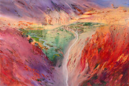 Vivid abstract landscape painting in red, orange, and purple with a green valley at its centre and a white winding path or river cutting through, rendered in an intense, fiery palette. Anomie Publishing