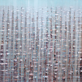 Abstract painting in pale aqua and grey with vertical rain-like streaks over a dense woven grid pattern flecked with white and rust marks, evoking a misty landscape or water surface. Anomie Publishing