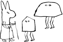 Black-and-white line drawing of three figures with abstract heads — one rabbit-eared, one house-shaped, one rounded and legged — standing apart from each other on a blank page. Anomie Publishing