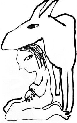 Line drawing of a human figure kneeling on the ground with a donkey-like animal standing next to it, putting its head on top of the human, suggesting an embrace Anomie Publishing