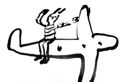 Bold ink drawing of a small striped-shirted figure with rabbit ears riding on the back of a plane-like shape Anomie Publishing
