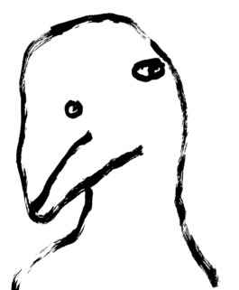 Simple ink drawing of an elongated, egg-shaped head in profile with a long beak-like nose and small round eyes, set against a blank background. Anomie Publishing