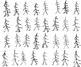 Grid of repeated ink drawings showing the same walking figure in profile, its head and torso rendered as a branch-like tree form with jagged limbs, arranged in rows across the page. Anomie Publishing